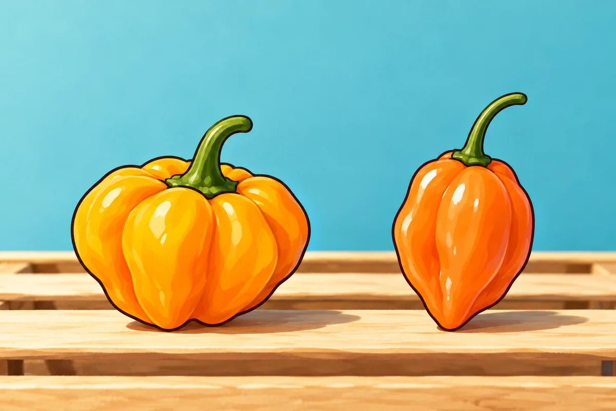 A squat yellow-orange Scotch bonnet with rounded lobes beside a longer orange lantern-shaped habanero on a crate slat.