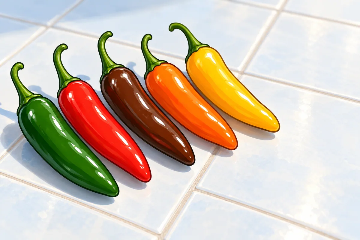Five slim serrano pods in green, red, brown, orange and yellow lying in a loose row on a blue tiled market counter.