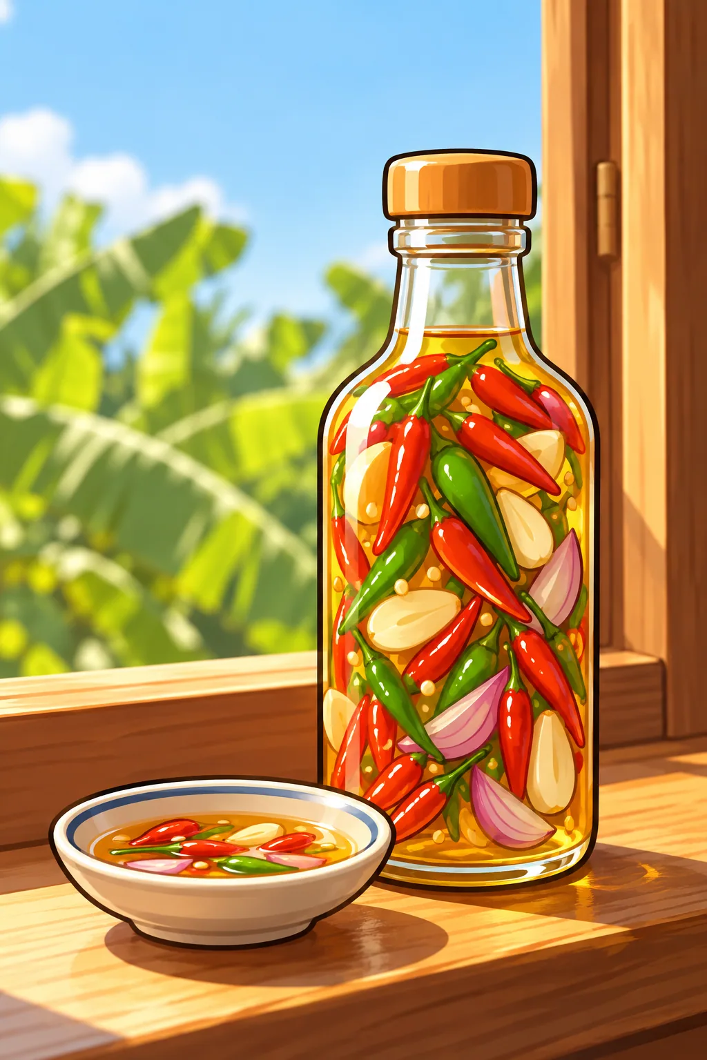 A clear bottle of pale golden cane vinegar packed with tiny red and green chilies, garlic and onion on a sunny wooden window ledge, beside a saucer of the dip.