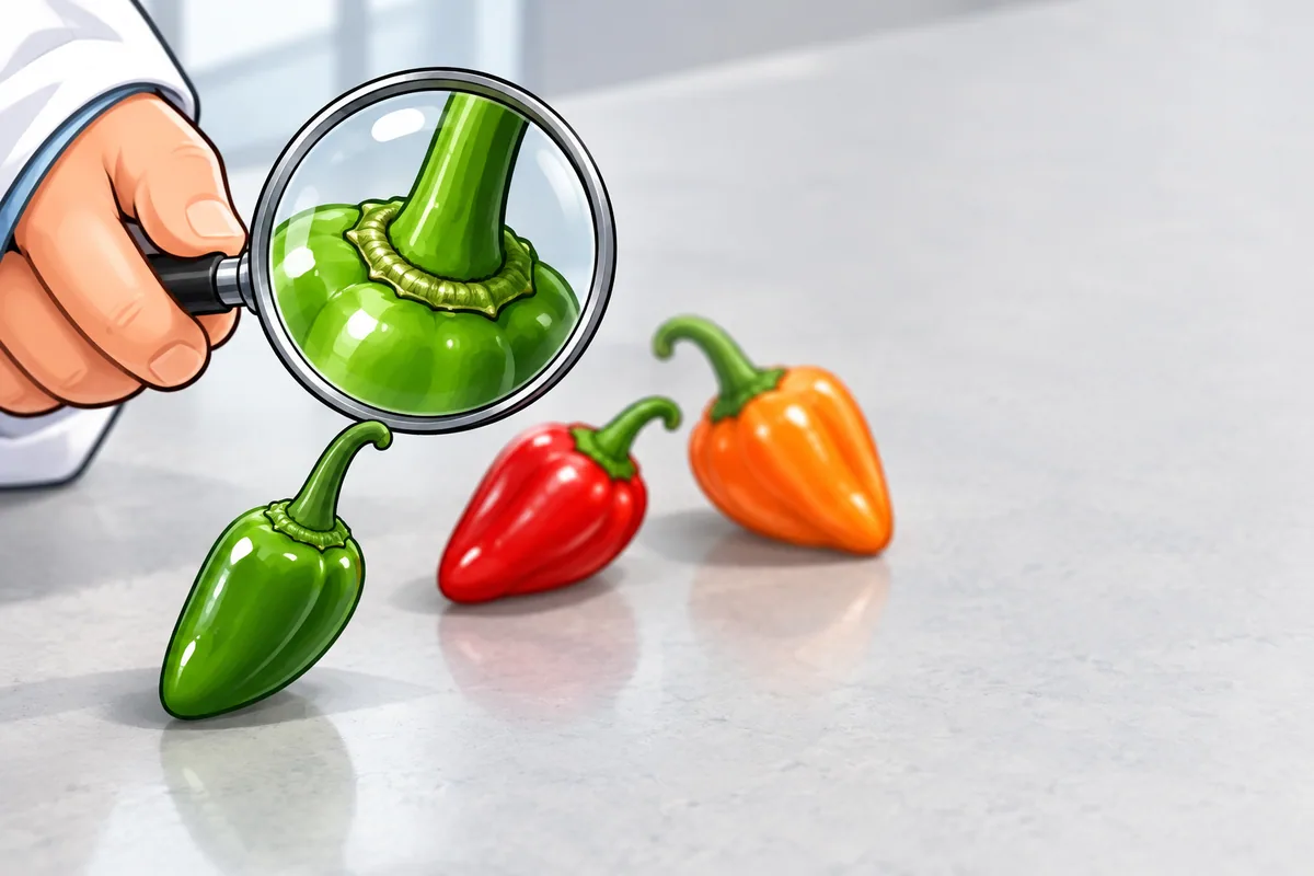 A hand holds a magnifying glass over the cap of a small green pepper on a lab bench, showing the ring where cap meets stem, with a red and an orange pod beside it.