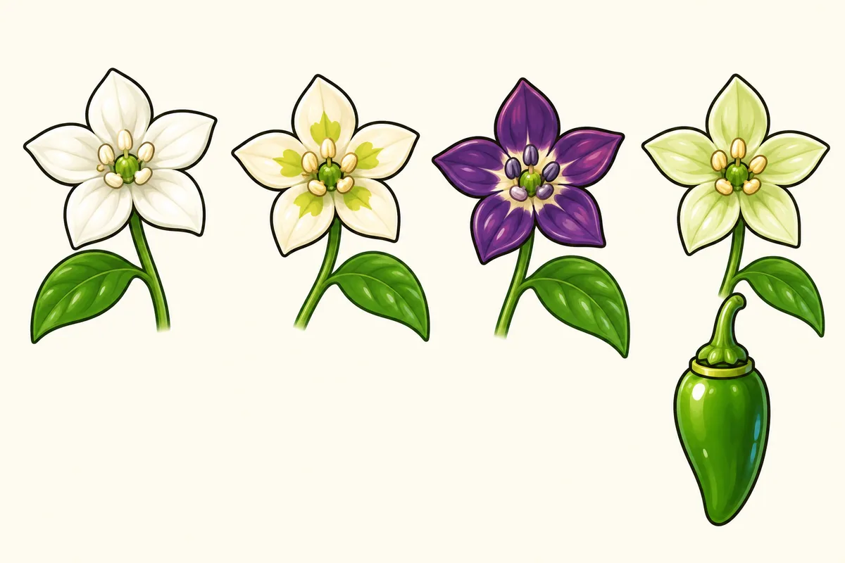 Four pepper flowers side by side, white, cream with green-yellow spots, purple and greenish-white, with a small green pod below the last one showing a ring where its cap meets the stem.