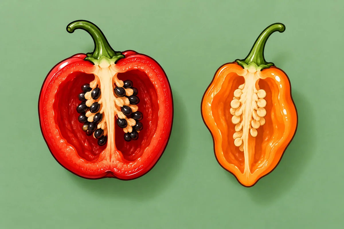 A halved red rocoto with thick walls and black seeds beside a halved orange habanero with pale cream seeds, on a green cutting mat.