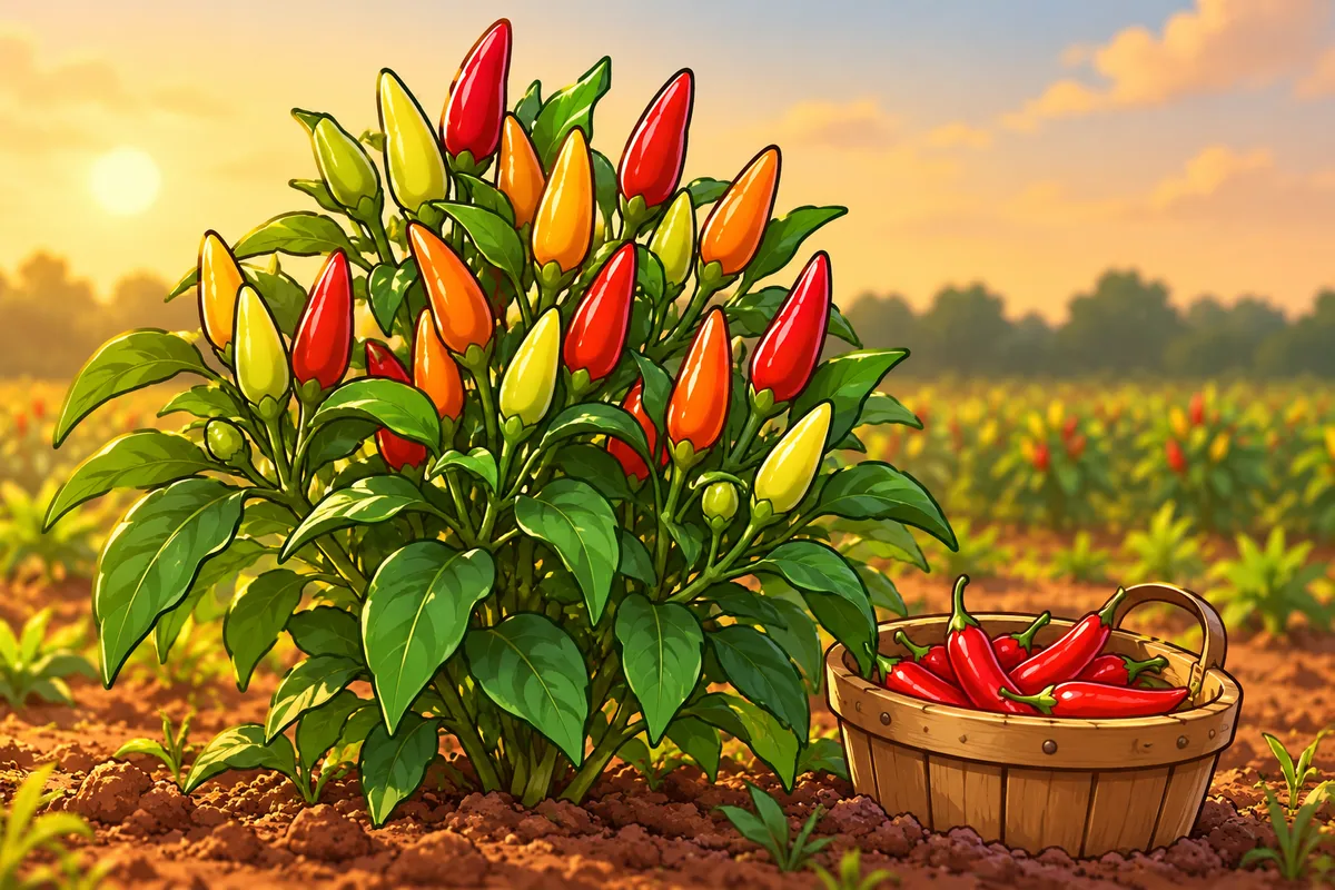 A bushy tabasco plant in a field row with upright pods in yellow-green, yellow, orange and red at once, a small basket of red pods on the soil.
