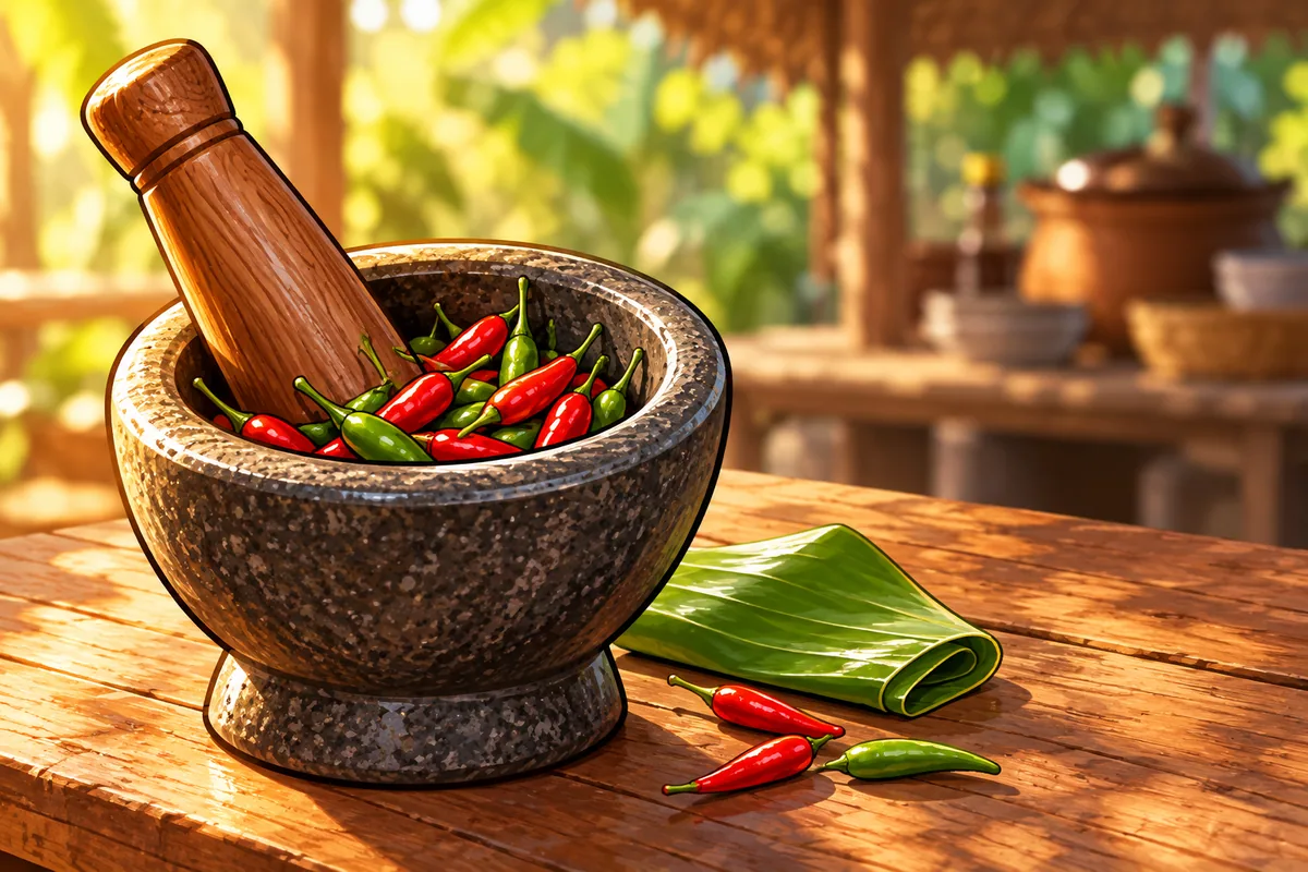 A dark granite mortar full of small red and green bird chilies with a wooden pestle, a folded banana leaf and loose chilies beside it on a teak counter.