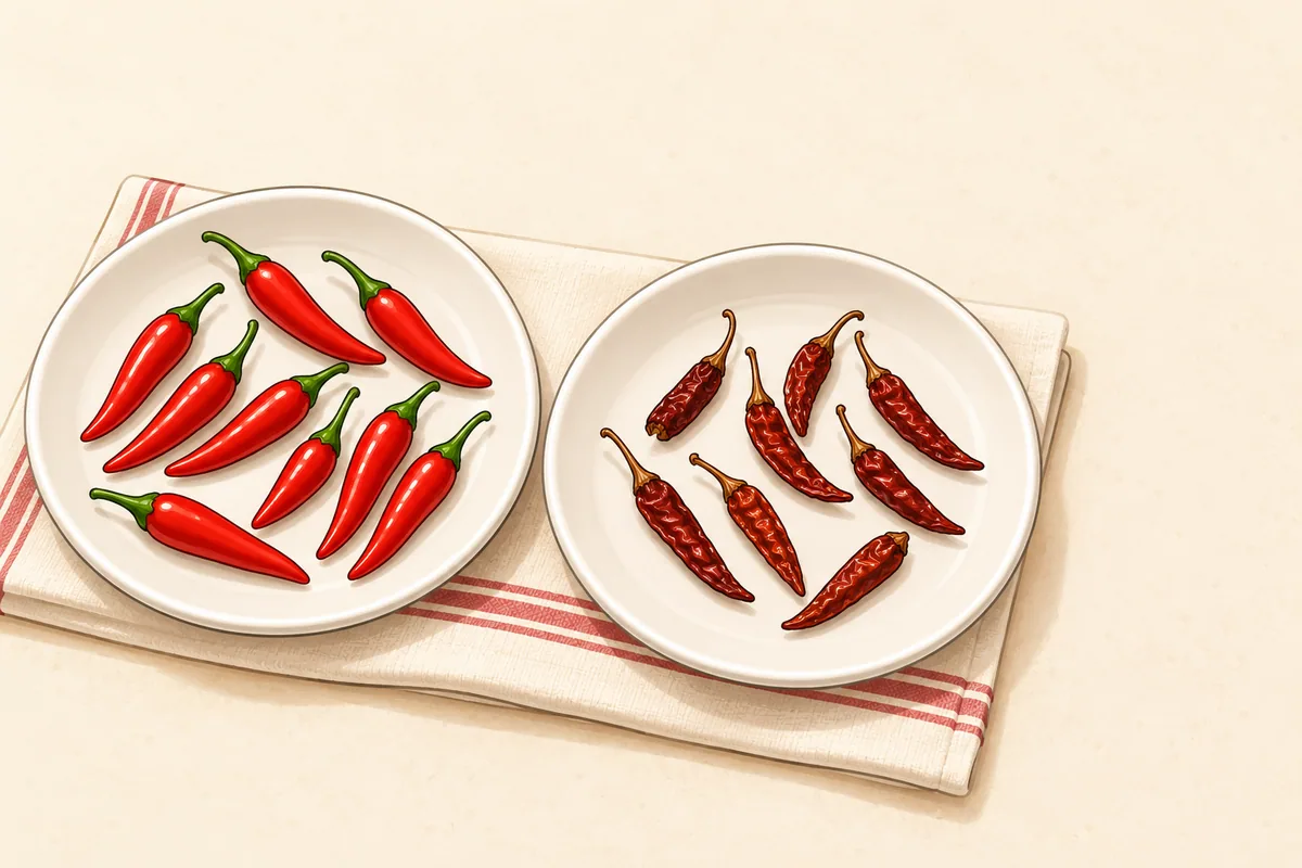 Two white plates with eight pods each: plump glossy red fresh Thai chilies on the left and smaller, wrinkled dark red dried ones on the right.