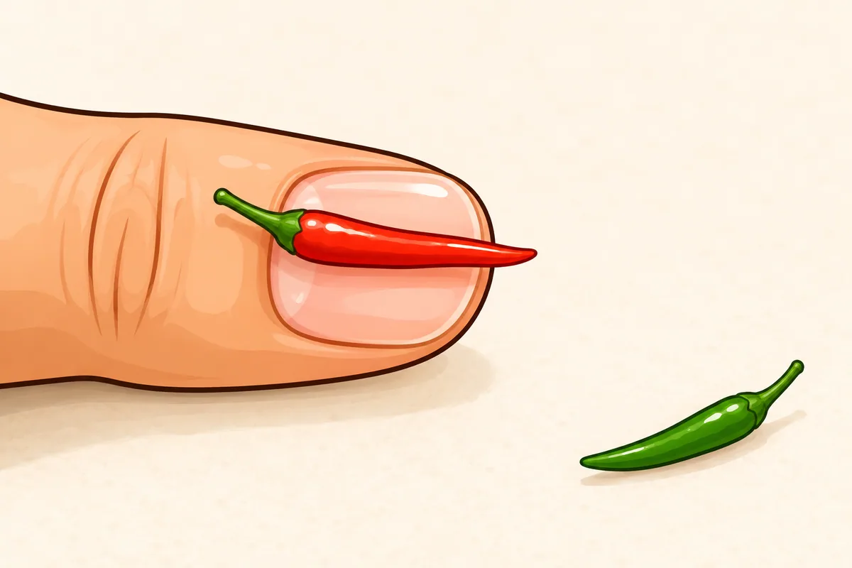 A slim red Thai chili lying along a thumbnail, only a little longer than the nail, with one small green pod on the counter.