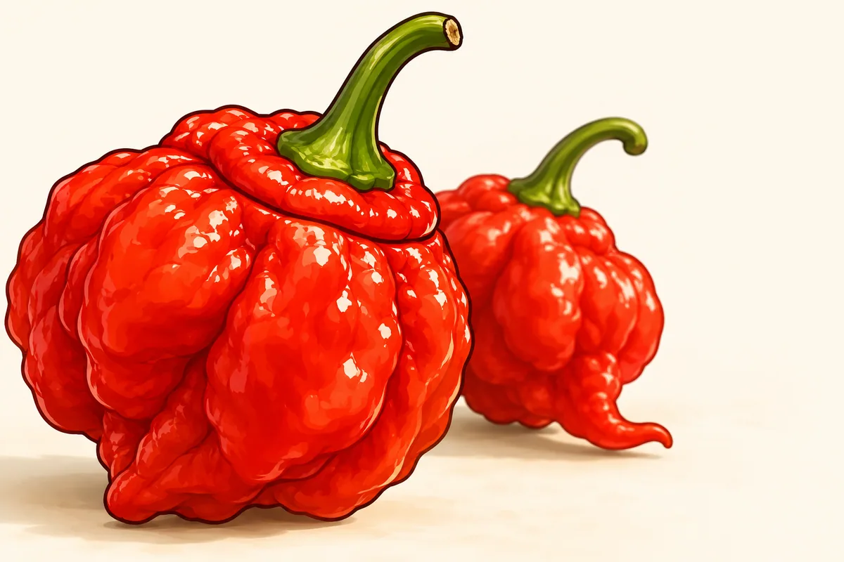 A round, bumpy, bright red Moruga Scorpion pod with a ring-shaped groove just below its green stem, and a second pod with a curled tail behind it.
