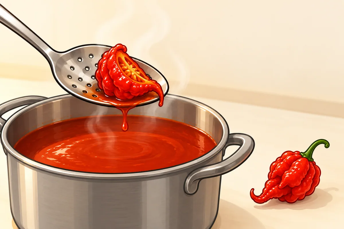 A slotted spoon lifting a quarter of a red, wrinkled Moruga Scorpion pod out of a pot of smooth red sauce, with a whole pod on the counter.