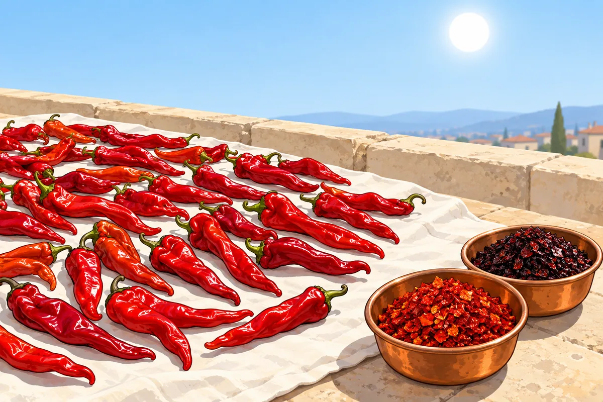 Long red peppers drying in rows on a pale cloth on a sunny stone rooftop, with copper bowls of bright red flakes and near-black flakes in front.