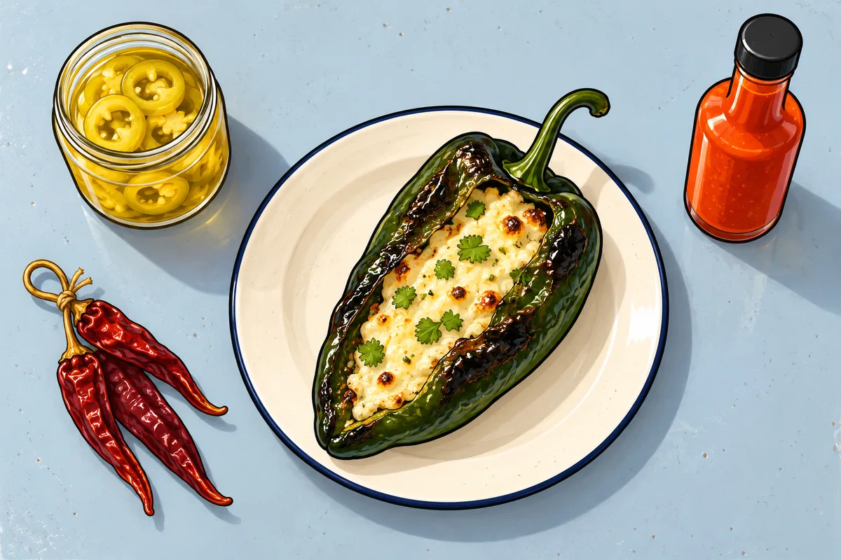 Seen from above on a blue-grey table: a roasted poblano stuffed with cheese on a plate, a jar of pickled pepper rings, an unlabeled red hot sauce bottle and a small string of dried red chiles.