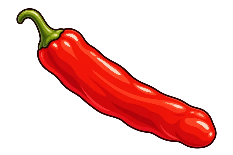 One long glossy red chili pod with gentle ripples and a rounded blunt tip, on a curved green stem.
