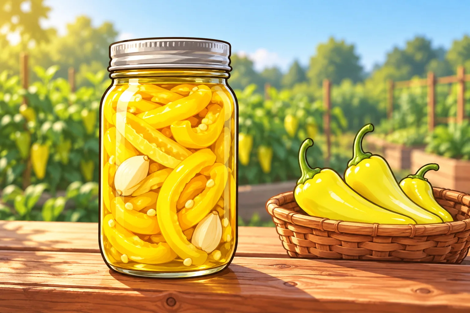 A large glass canning jar packed with pale yellow banana pepper strips and garlic cloves in clear brine on a farm-stand table at the edge of a garden, with a basket of whole banana peppers beside it.