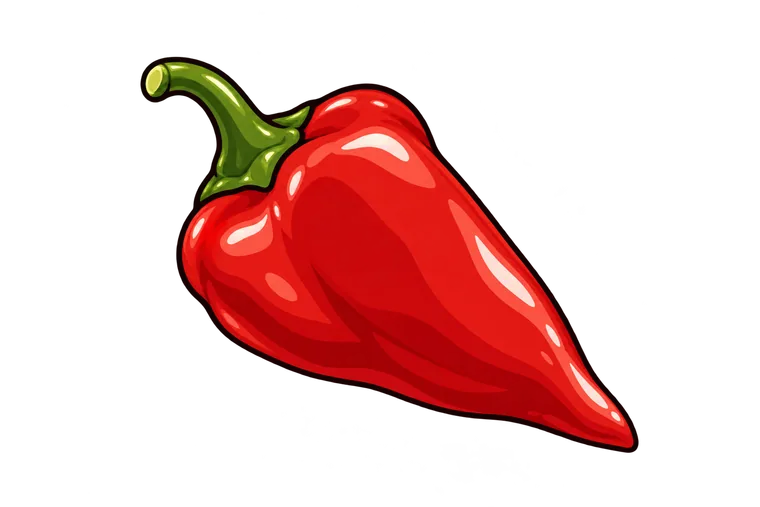 One glossy deep red piquillo pepper, wide at the shoulder and narrowing to a sharp pointed tip.