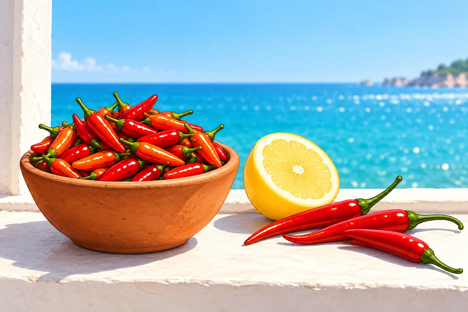 A terracotta bowl heaped with tiny slim red and orange piri piri chilies on a whitewashed windowsill above a bright sea, with a halved lemon and three red Thai chilies beside it.
