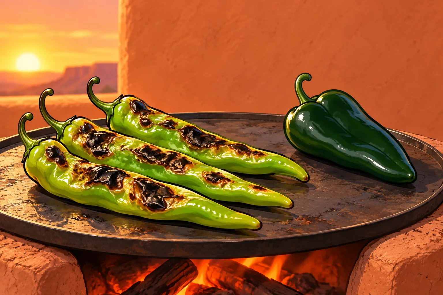 Three long green New Mexico chiles blistering on an iron comal over an adobe stove at sunset, with one dark green unroasted poblano at the edge.