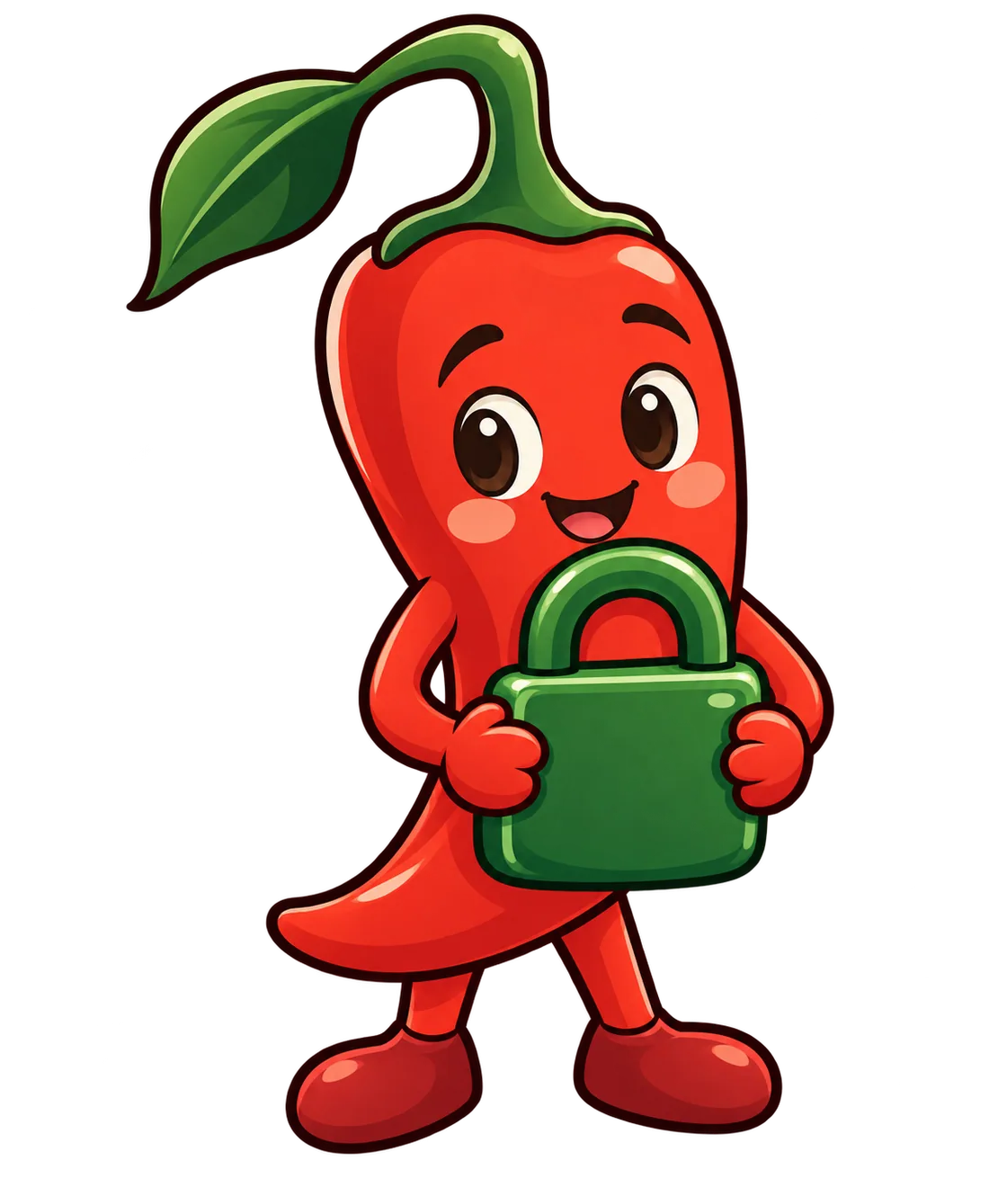Pip, the red chili mascot, holding a closed green padlock.