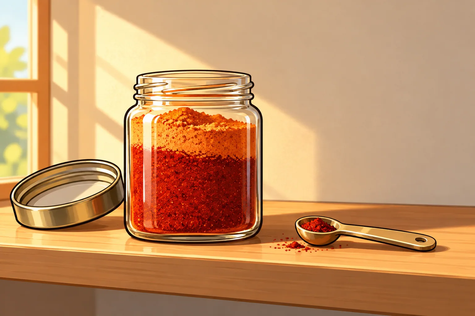 An open glass jar of chili powder on a pantry shelf, its sunlit top layer faded to pale orange above deep brick-red powder, with the lid and a spoon beside it.