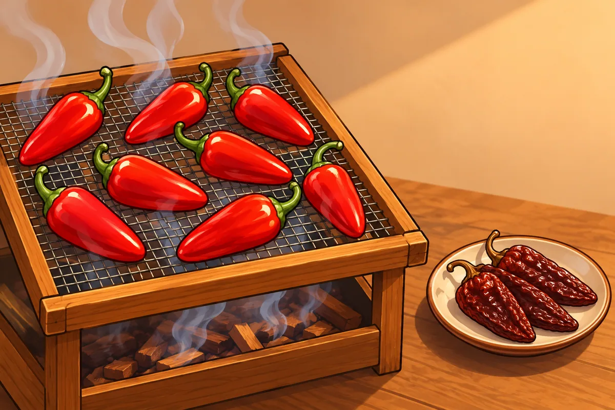 A wooden rack of ripe red jalapeños with smoke curling up through the mesh from a wood fire below, and a plate of three wrinkled dark brown chipotle pods beside it.