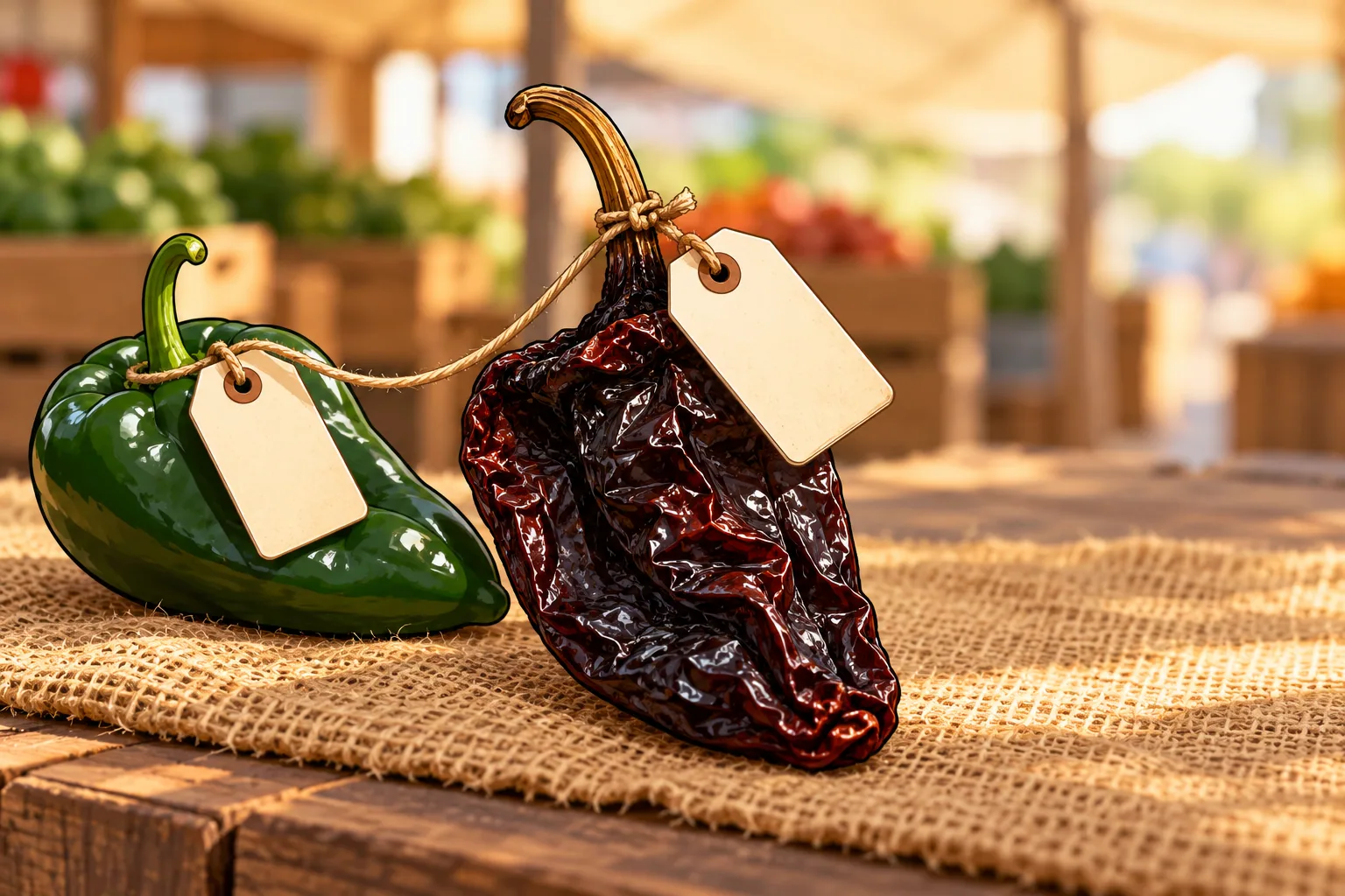 A wrinkled dark dried ancho and a fresh green poblano on burlap at a market table, each with a blank paper tag, the two tags joined by one string.