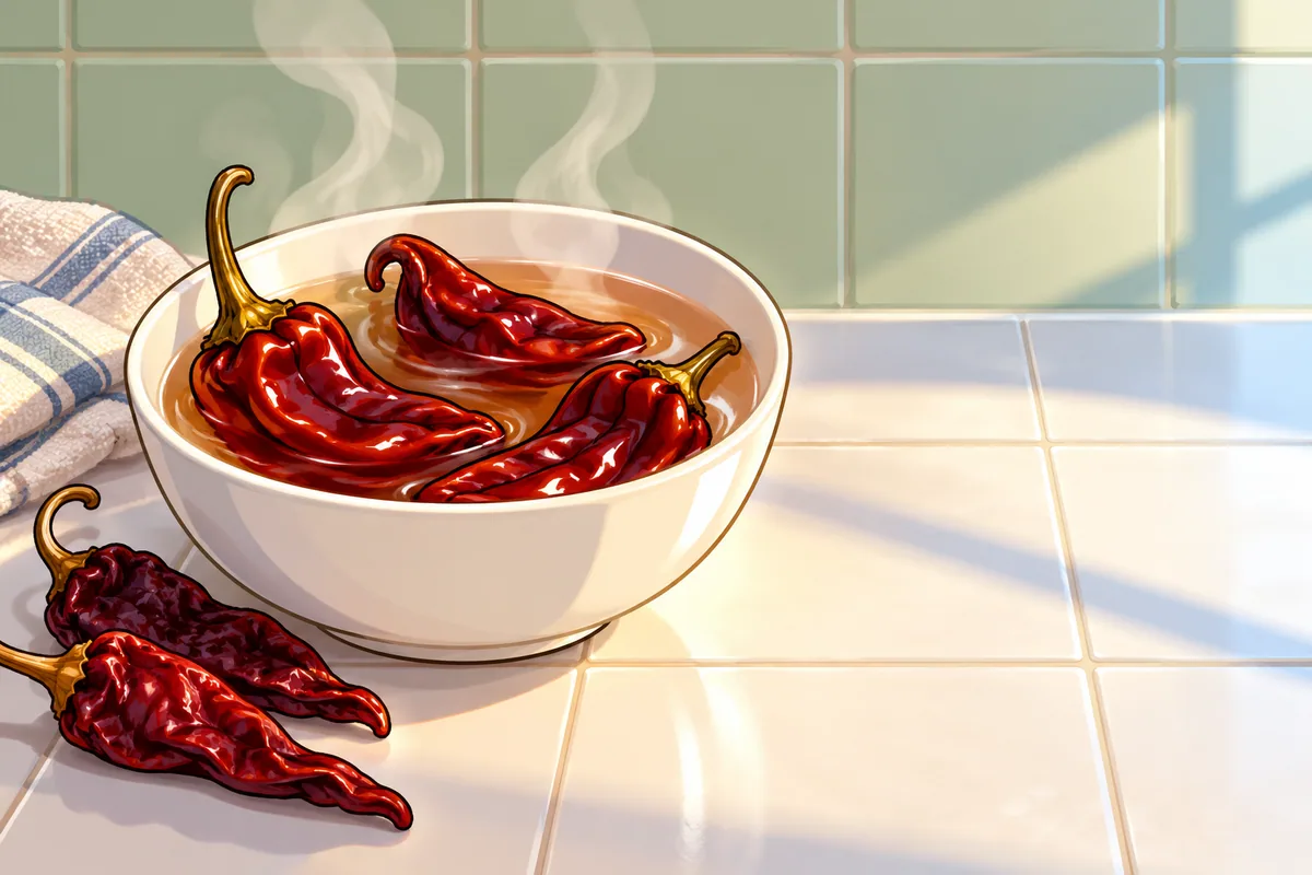 Three dried red chiles softening in a steaming white bowl of hot water on a tiled counter, with two stiff dried chiles lying beside it.