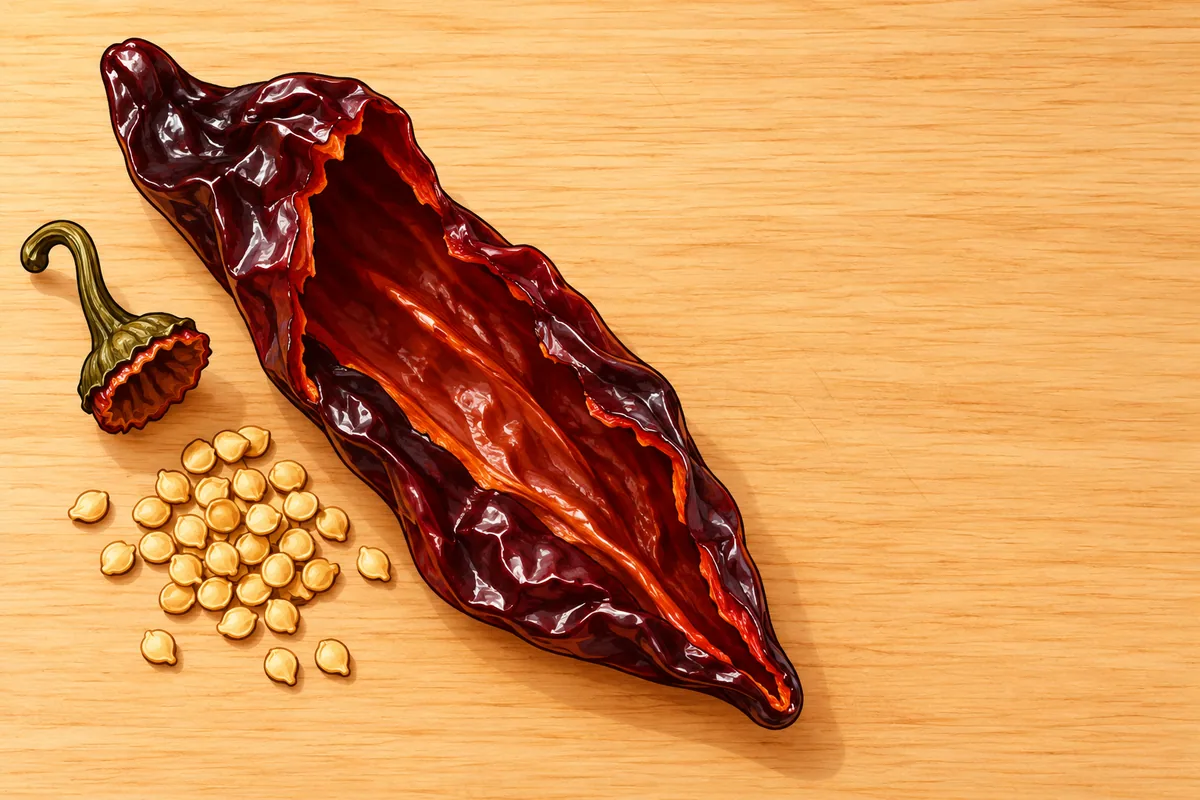 A large wrinkled dried red chile torn open on an oak board, its stem cap pulled off beside it and a small pile of pale seeds next to it.