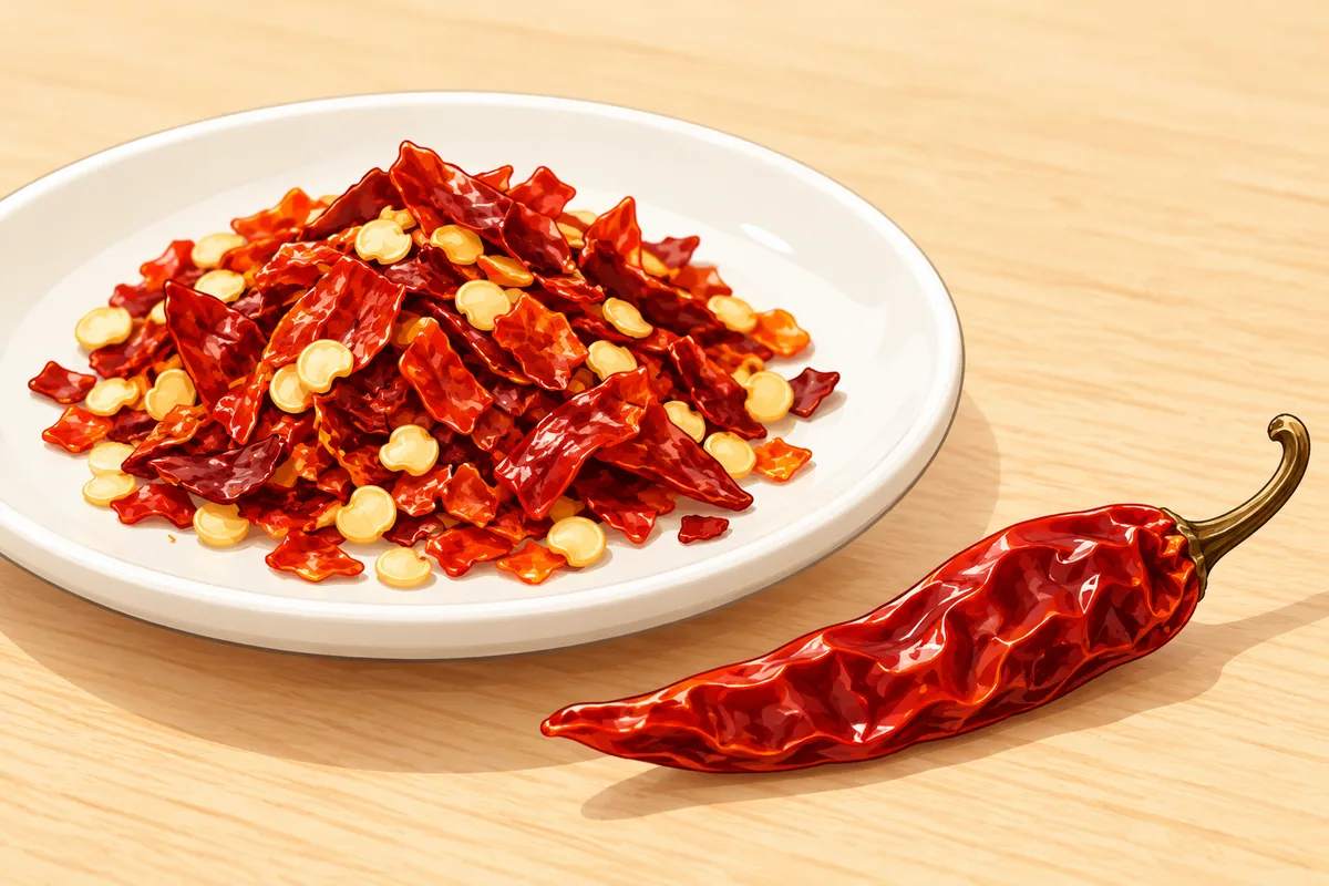 A close-up of a small pile of red pepper flakes on a white saucer, with flat red skin pieces, pale round seeds and one whole dried cayenne pod beside it.