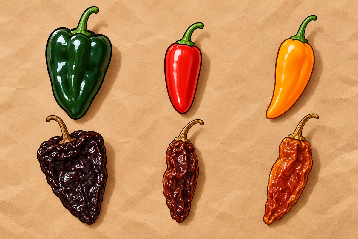 Three pairs of chiles in a row: a green poblano beside a wrinkled dark ancho, a red jalapeño beside a brown chipotle, and a yellow aji amarillo beside an amber mirasol.