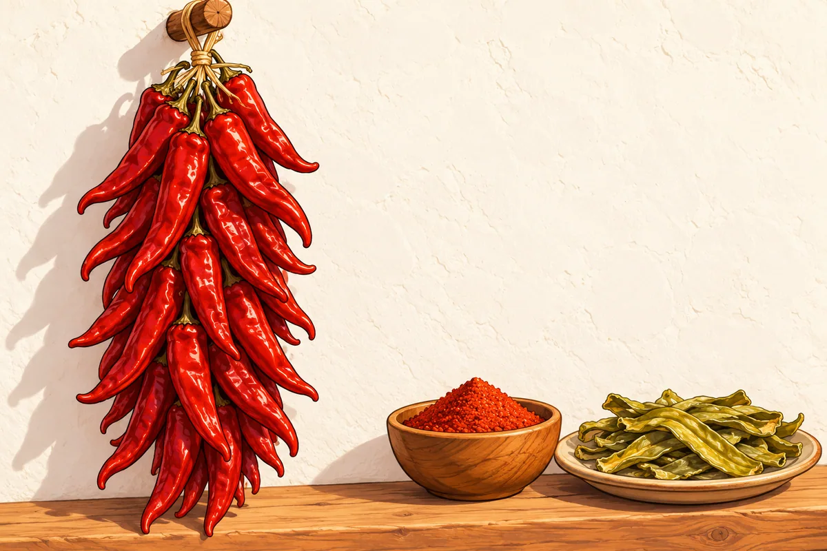 A hanging string of long red New Mexico chiles beside a wooden bowl of ground red chile and a plate of flat dried green chile strips.