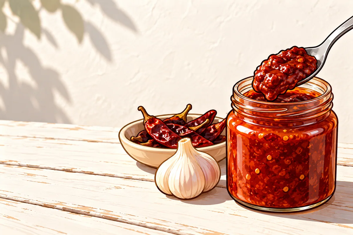An open glass jar of thick brick-red chile paste on a whitewashed table in the sun, a spoon lifting out a dollop, with dried chiles and a head of garlic beside it.