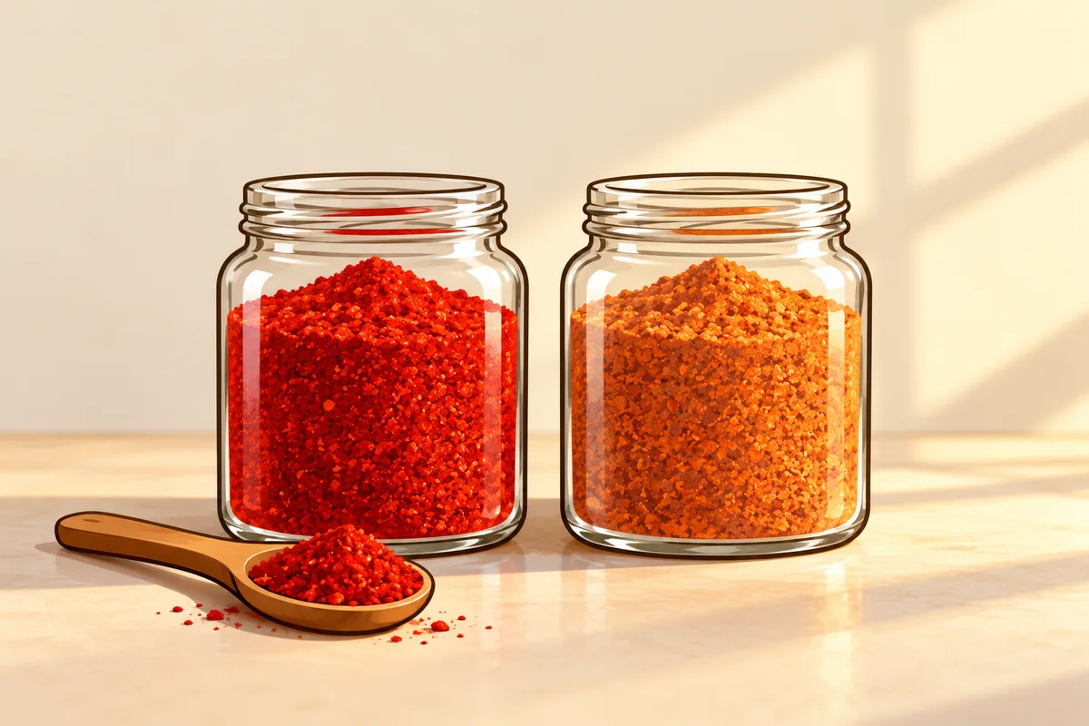 Two open glass jars of chili powder side by side, the left one vivid bright red and the right one faded to dull orange-tan, with a wooden spoon of red powder in front.