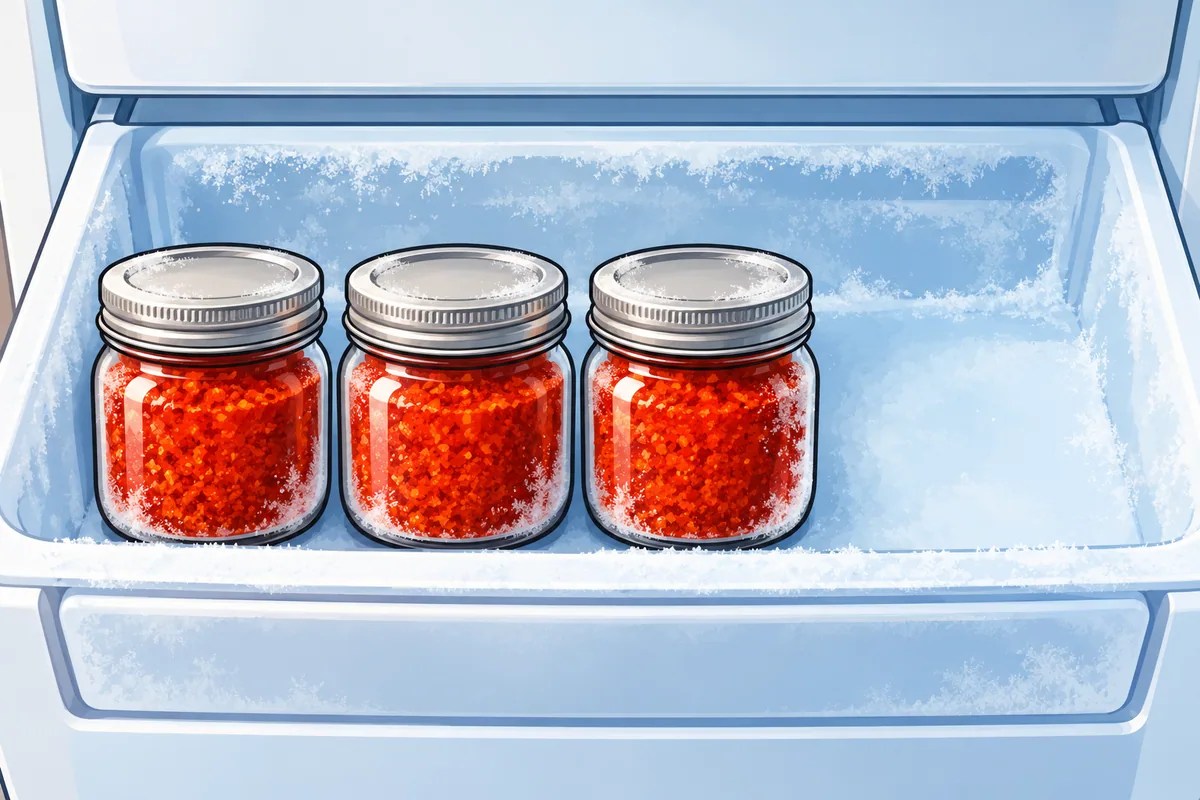 An open freezer drawer holding three small sealed glass jars of red chili powder, each dusted with frost.
