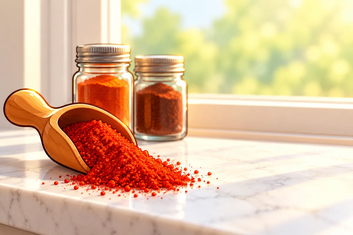 A tipped wooden scoop spilling brick-red chile powder onto a marble windowsill in morning light, with two jars of orange and deep brown powder behind it.