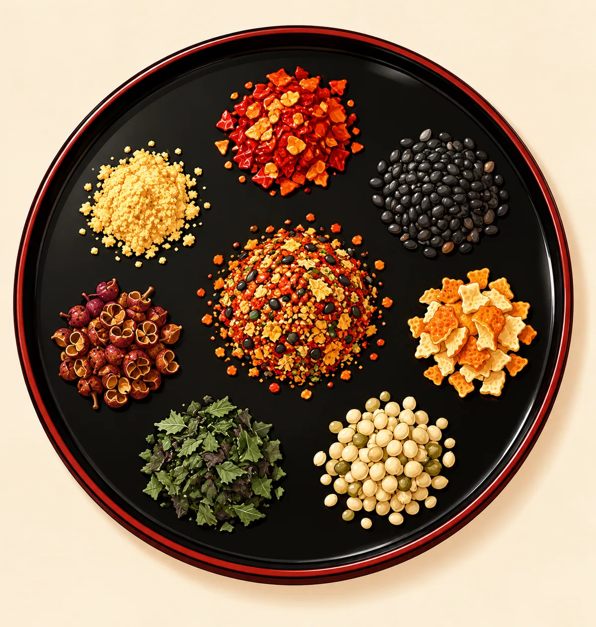 Seven small piles on a black lacquer tray in a ring around a mound of red speckled blend: red chile flakes, black sesame, orange peel, pale hemp seeds, green perilla, reddish sansho husks and yellow ginger.