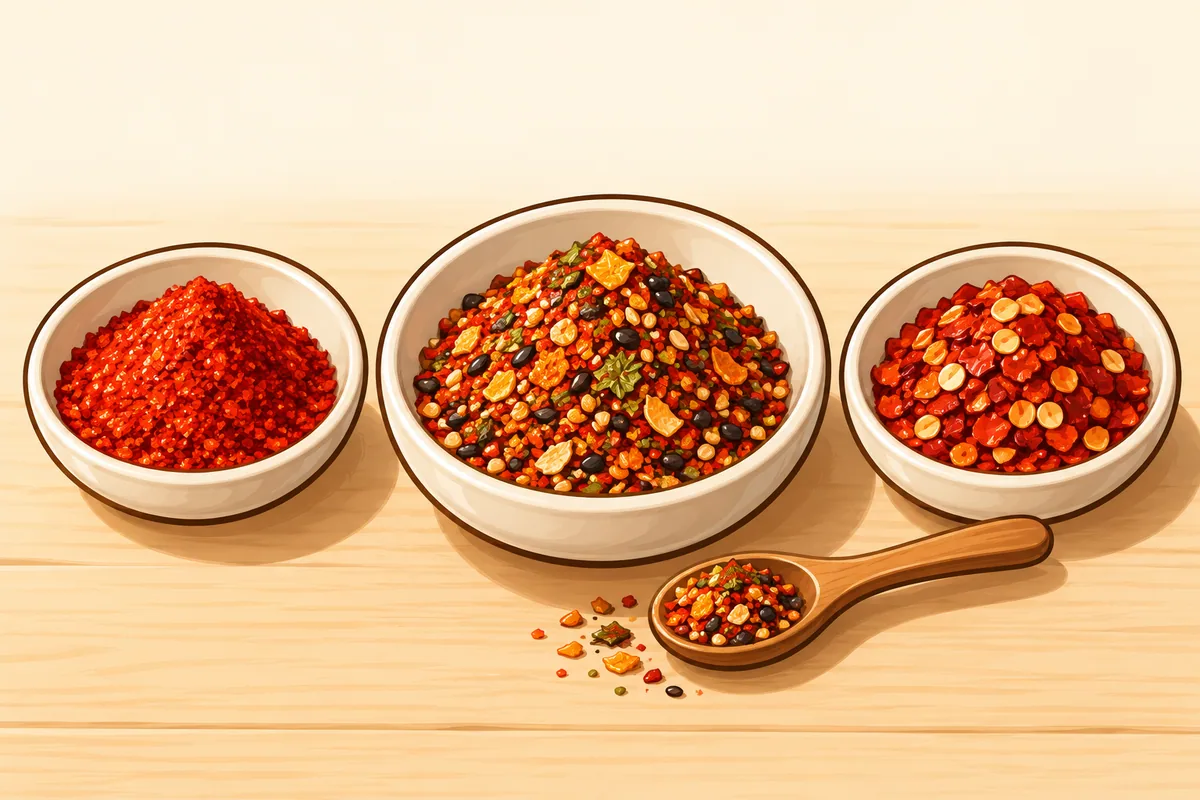 Three small dishes on a wooden table: plain bright red chile flakes, a speckled blend with black sesame, orange peel and green flecks in the middle, and coarse red flakes with pale seeds.