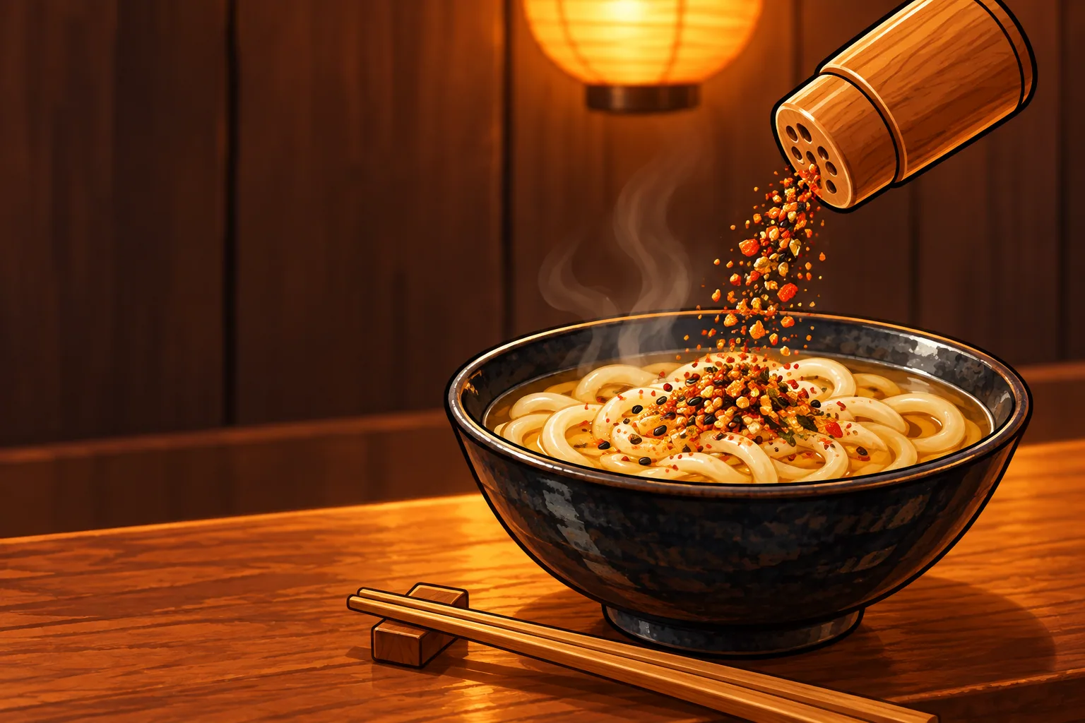 A plain wooden shaker sprinkling red flecked spice onto a steaming bowl of udon at a noodle-stall counter under a paper lantern.