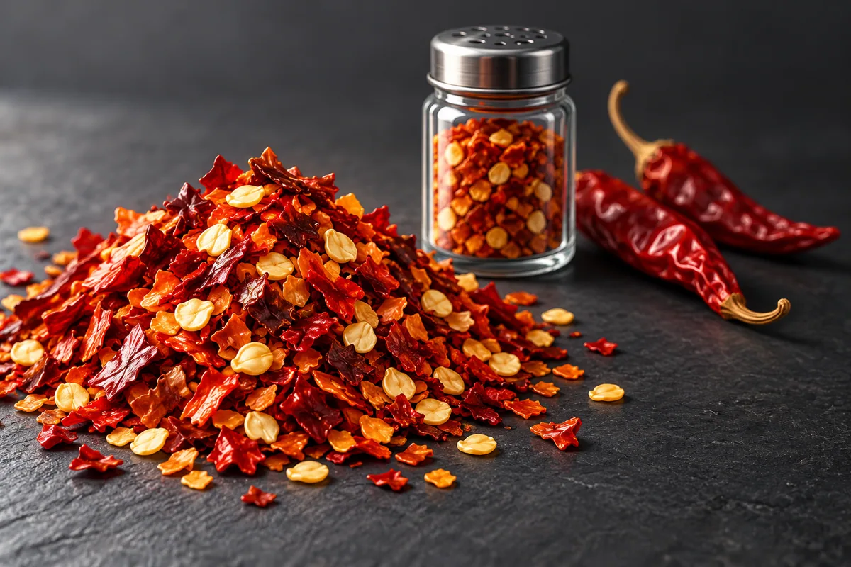 A heap of coarse red pepper flakes with pale seeds on a dark slate, a few whole dried red chiles and a small glass shaker beside it.