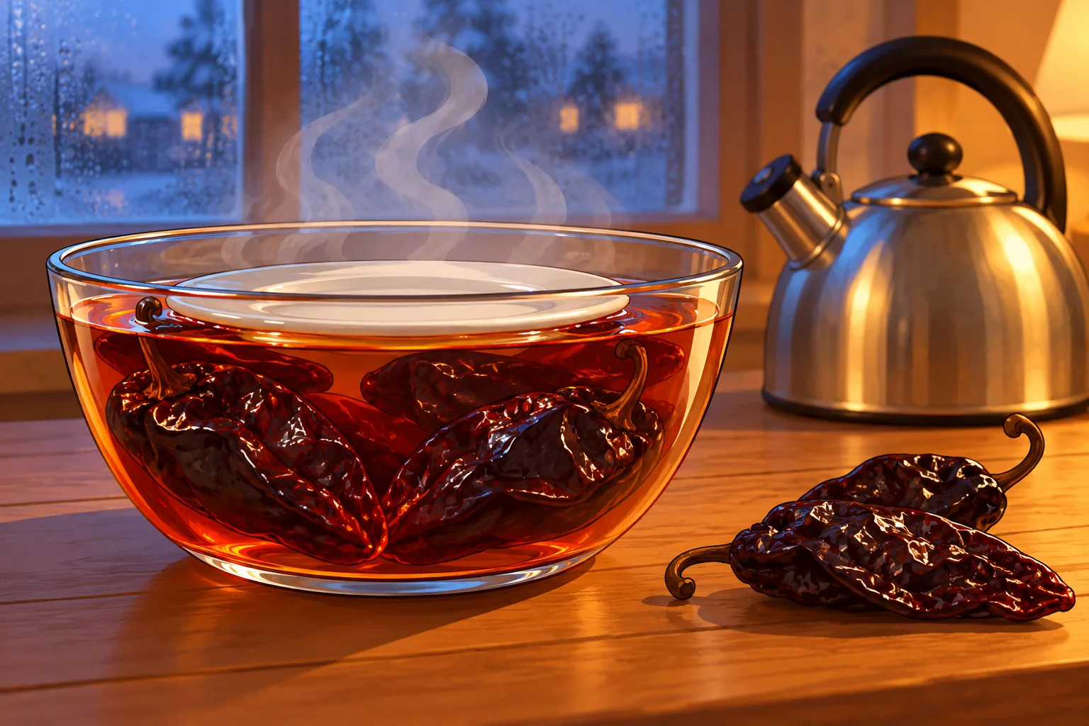 A clear glass bowl of steaming reddish water with dried ancho chiles held under the surface by a small white plate, a kettle and two dry pods beside it by a fogged winter window.