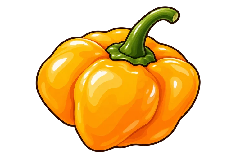 A squat, glossy yellow-orange Scotch bonnet pod with three rounded lobes and a short green stem.