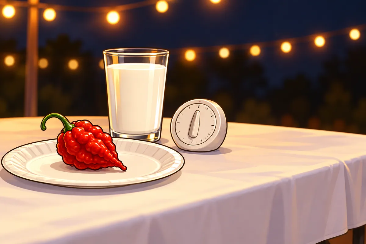 One wrinkled red super-hot pepper alone on a paper plate at a night fair table, beside a glass of milk and a plain kitchen timer.