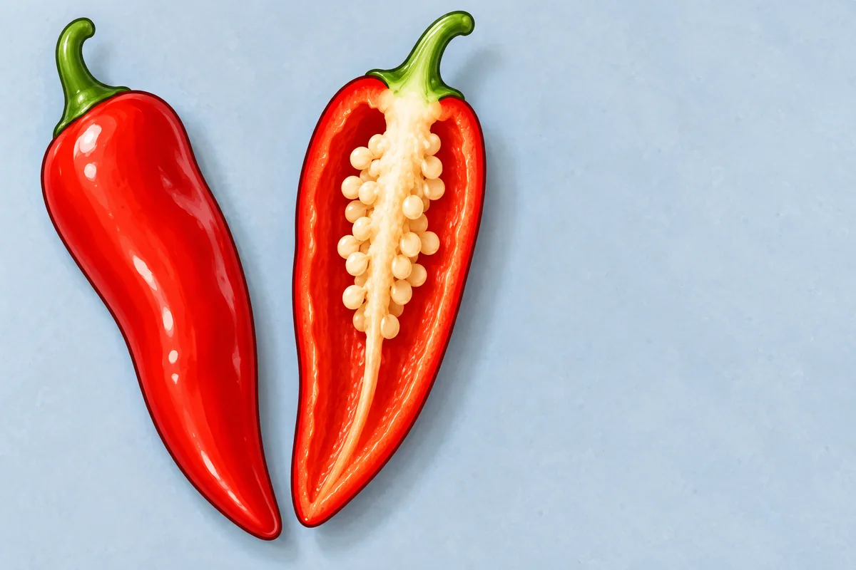 A long red chile cut in half lengthwise on a pale blue-grey tile, showing its red wall, a pale placenta ridge, round cream seeds and a green stem cap.