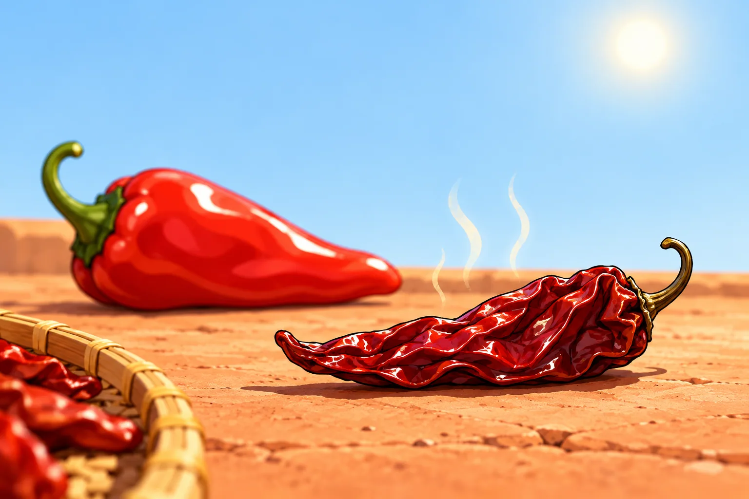A shrunken dark red dried chile giving off faint heat shimmer on a sunny clay rooftop, with a plump fresh red chile softer in the background.