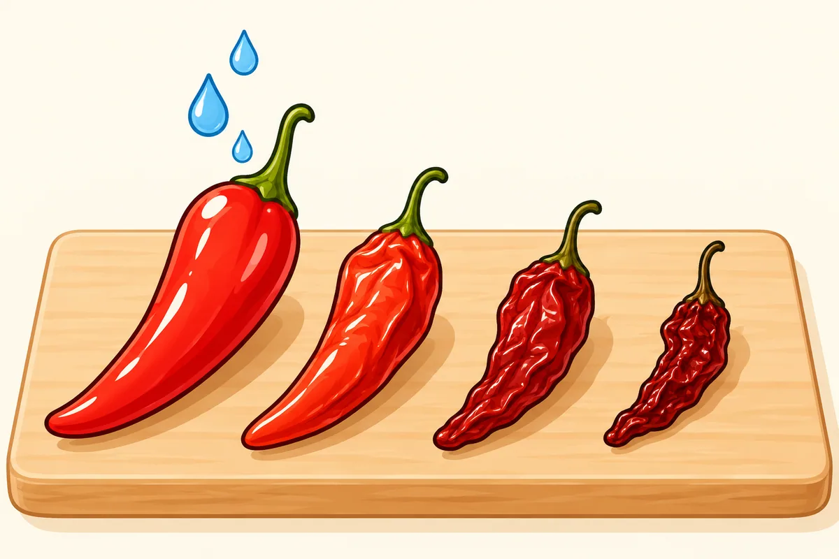 Four red chile pods in a row on a wooden board, shrinking from a plump glossy fresh pod on the left to a small dark dried one on the right, with three water drops rising from the first pods.