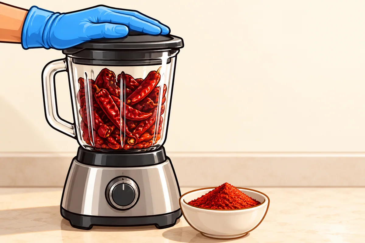 A blue-gloved hand pressing the lid down on a blender full of dried red chile pods, with a small bowl of red chile powder in front of it.