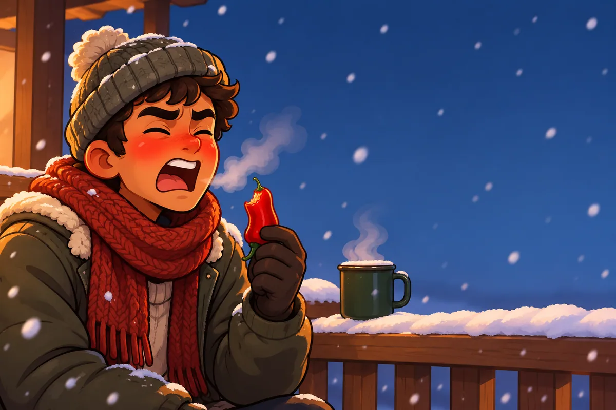 A young man in a knit hat on a snowy porch at dusk, cheeks flushed red and breath steaming, holding a half-eaten red chile.