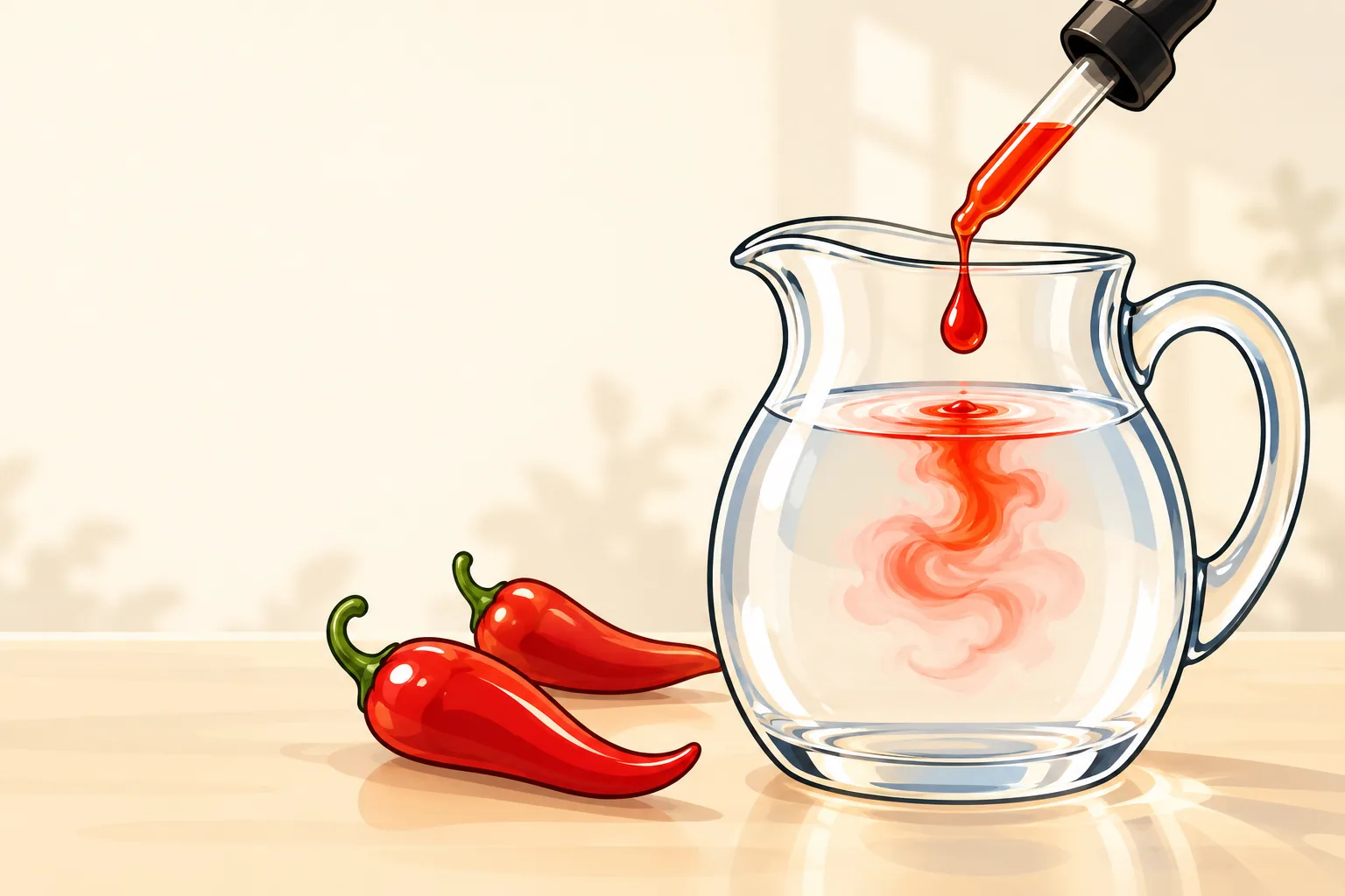 A single drop of red chile extract falling into a large glass jug of clear sweetened water, with a few chiles on the counter beside it.