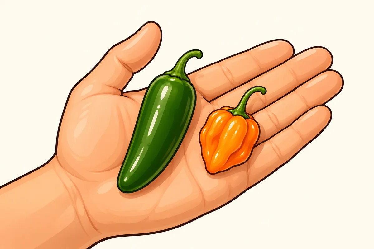 An open palm holding a long dark-green jalapeño and a smaller orange habanero side by side, the habanero clearly shorter.