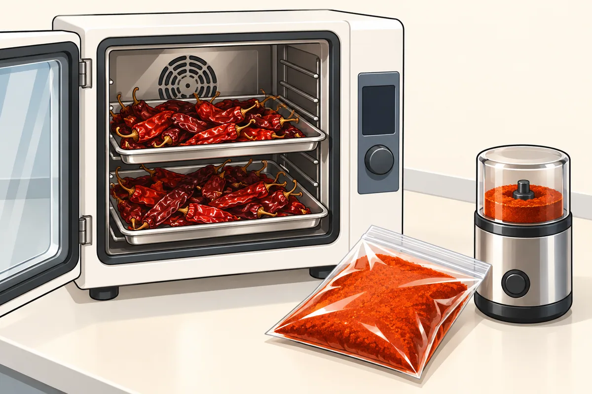 A small white laboratory oven with its door open and two trays of dried red chile pods, with a sealed bag of red powder and a small grinder on the bench beside it.