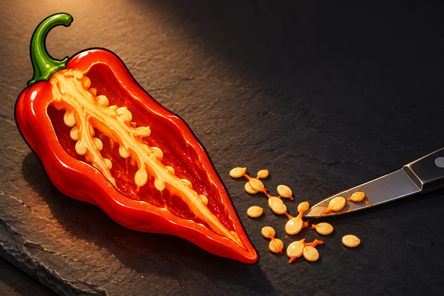 A red chile sliced open on a dark slate board, its pale ribs glowing orange, with a few loose seeds pushed aside by a knife tip.