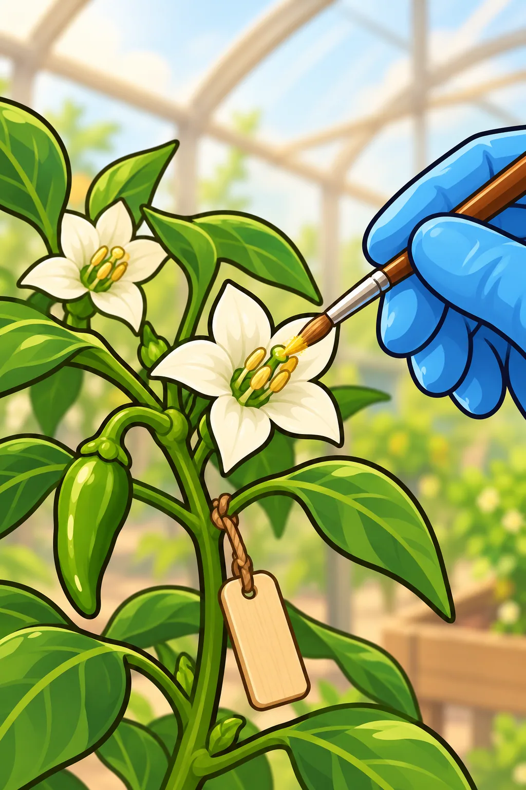 A gloved hand brushes pollen onto a small white pepper flower on a leafy branch, with a second flower, a green pod and a wooden tag beside it.