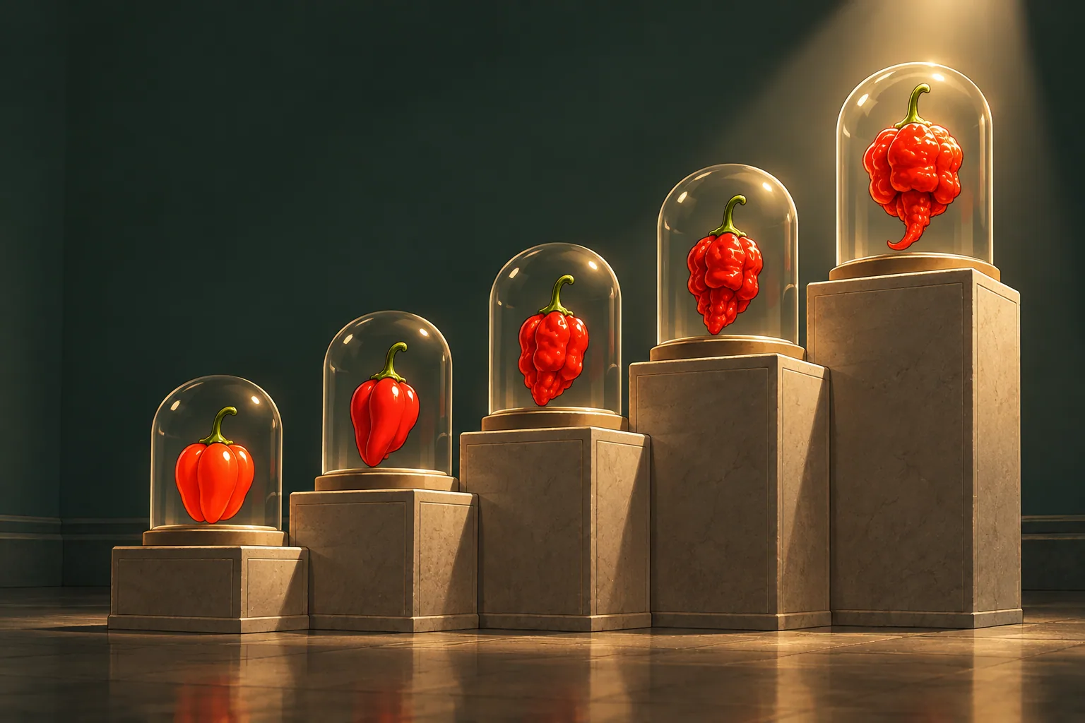 Five red chile pods under glass domes on stone plinths that rise from left to right, each pod more wrinkled than the last, the tallest under a spotlight.
